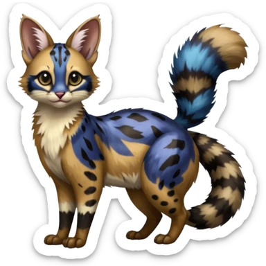  ink-black fur laced with oil-slick bronze and abyssal cobalt runes fur with random dark markings beautiful elegant pretty precious cute  Fakémon-Pokémon-opossum-feline-serval-caracal-chinchilla-Furret-Minccino-hybrid-creature with a big fluffy bushy tail (full body) sticker