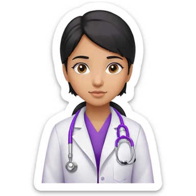 Light browned skin girl with black hair and wearing a doctors coat with a purple stethoscope around her neck sticker