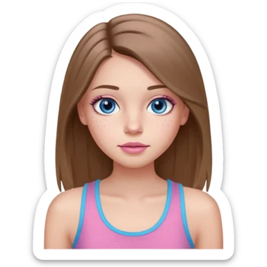 Create a TEENAGE girl with LONG and straight light brunette hair with a middle part, light skin, light freckles, and blue-gray eyes. She will have pink lips and LONG eyelashes. She will be wearing a light pink tank top sticker