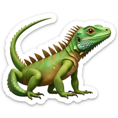 cinematic-iguana-realistic-full-body-basking-emoji,-long-scaly-body-stretched-out,-spiny-ridge-running-down-its-back,-textured-green-and-brown-skin-dappled-with-light,-sharp-intelligent-eyes-studying-the-surroundings sticker
