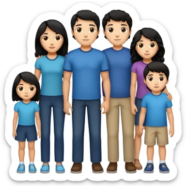 Hispanic family of five standing together: mom with long straight hair, dad with short curly hair, two boys with matching short hair, and a girl with long straight hair sticker