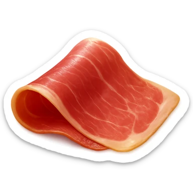 Show only one thin, delicately folded slice of dry-cured ham (jambon cru) with deep pink to reddish hue and visible streaks of white fat. Texture should be silky, slightly translucent, and marbled, with a natural fold or curl. Fat should look creamy and well integrated. Clean 3D style, soft lighting, transparent background, emoji scale. sticker