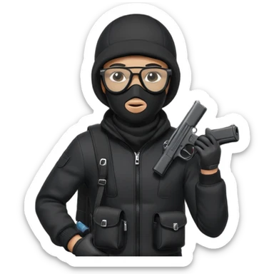 YN wearing a ski mask, holding a gun, all black fit, black jeans, Sprayground bookbag, confident stance with glasses sticker