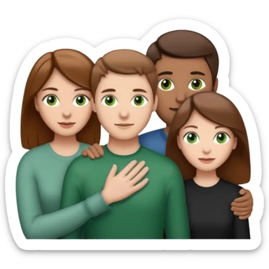 3 people. Throuple. Blank woman with light brown hair and green eye color on left. And also a blank man with brown hair and grey eye color in the middle. And a blank woman with brown hair and grey eye color on the right. Holding each other sticker