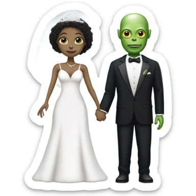 White humman man in a tuxedo holding, Alien reprilian woman in wedding dress, and one , hands getting married sticker