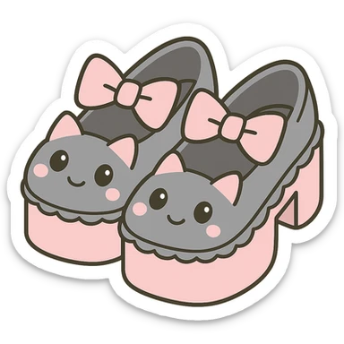 Refine the kawaii BLACKPINK-inspired gothic shoes with a large cute bow and scalloped edge, using pastel pink and pastel black (soft gray) colors for a gentle, dreamy look. Keep the design playful and stylish, without hearts. Transparent background. sticker