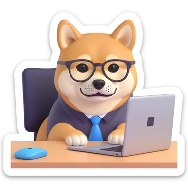 shiba inu with eye glasses and computer sticker