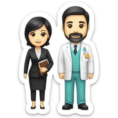 husband middle-aged dark hair trimmed beard wearing dark business suit holding bible, wife asian middle-aged black long hair wearing nurse uniform, no children sticker