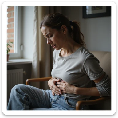 hyperrealistic woman sitting with painful expression, one hand on abdomen, face contracted in pain, curved posture, realistic details, 4K quality, domestic environment sticker