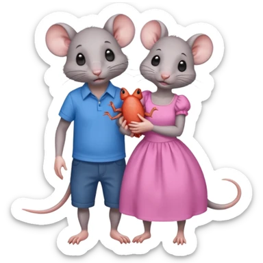 A male rat wearing blue and carrying in his arms a female rat wearing pink with small crabs on the floor around them sticker