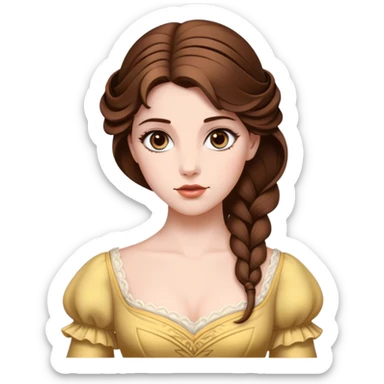 Cinematic Realistic Belle Portrait, depicted with lifelike skin texture, soft natural lighting, and intricately detailed brown hair styled elegantly. Her deep, expressive eyes exude warmth and intelligence, complemented by a serene and graceful expression. She is dressed in her classic attire, with rich fabric textures and delicate folds that catch the light beautifully. The portrait features a soft, enchanting glow with a natural, radiant finish, capturing the essence of timeless beauty in a realistic and painterly style, evoking a sense of depth and authenticity. sticker