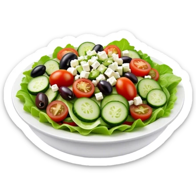 Cinematic Realistic Greek Salad Dish Emoji, depicted with crisp lettuce, tomatoes, cucumbers, olives, and feta cheese rendered with vibrant textures and fresh, natural lighting. sticker
