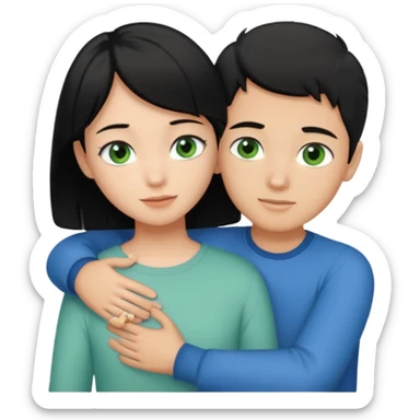 Make a couple hugging the girl is white with black hair with blue eyes hugging a boy with lightbrwn short hair with green eyes  sticker