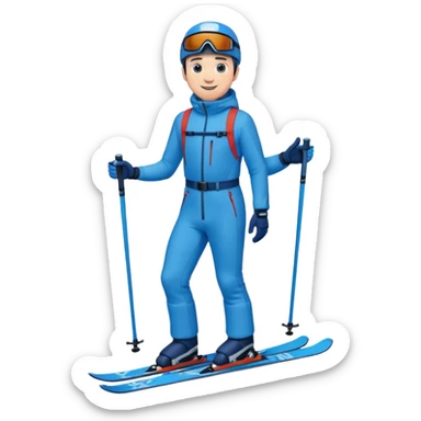 bearded man skiing down, blue outfit, smiling. full body view.  sticker