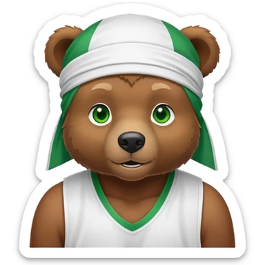 Cute brown bear with green eyes shown up to shoulders, wearing a white durag and black basketball jersey, visible upper chest and shoulders, iOS emoji style sticker