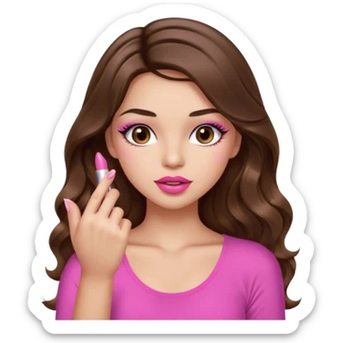 girl with long wavy brown hair, brown eyes, light to medium complexion, in a pink sexy top, pink lips, long lashes, puckered lips, showing my manicure one hand sticker