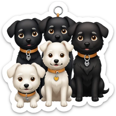Four white dogs hanging a black dog with a collar sticker