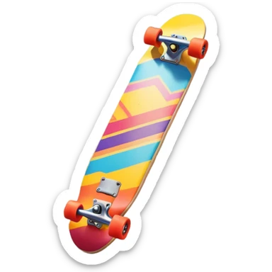 An icon featuring a colorful skateboard resting on a smooth pavement. The background shows a sunny park with trees, a clear sky, and a lively atmosphere. The skateboard's deck is decorated with vibrant designs, emphasizing its dynamic style. Transparent background  sticker