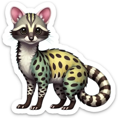 Feral Rare Fantasy iridescent scaly shaded detailed vibrant colorful Genet-Trico-Civet-Cacomistle-Margay-species by LiLaiRa, with dark-blackish points, white belly, random markings, tufted tail, tufted ears, full body sticker