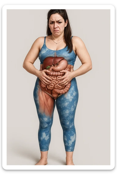 Realistic anatomical illustration of a woman in sportswear inspired by the reference photo, holding her bloated belly with both hands. Highlight abdominal organs and involved muscles, expression of annoyance, neutral background. sticker