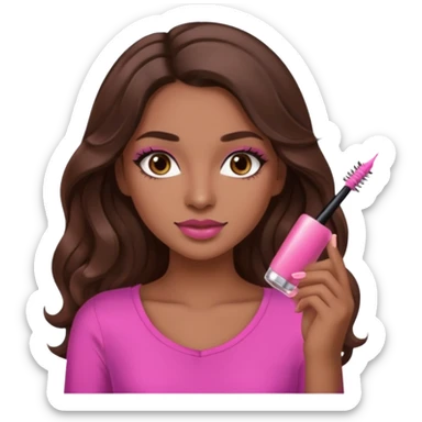 gorgeous woman, light brown skin, dark brown eyes, long wavy brown hair, pink top, clear lipgloss, mascara  sticker