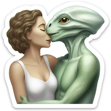 Alien reptilian woman in white dress hugs and kissing "white male human man" sticker