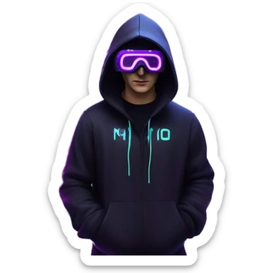 Russian man wearing a black hoodie with "OMG" letters on it and VR headset in a cyberpunk VR environment with violet neon lighting. sticker