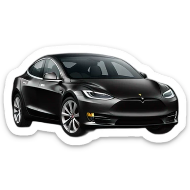 small-cartoonish-middle-age-lean-white-man,without beard or moustache,-with-black-hair-&-glasses-wearing-black-Tesla-T-shirt,-inside-black-tesla-model-3, full car front view sticker
