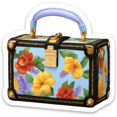 Dolce and Gabbana small box bag with colourful light blue lavender white yellow orange summer print dark red black and golden detais 2023 sticker