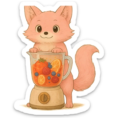 Expand and regenerate the image as a fully visible, full-body Ghibli-style pastel pink blender fox. Show the entire fox from head to toe, including all four paws, the full blender base, and tail clearly visible. Maintain a high-quality, detailed, joyful look with a transparent body filled with vibrant fruity smoothie, sparkling expressive eyes, and a sweet, joyful expression. Transparent background. sticker