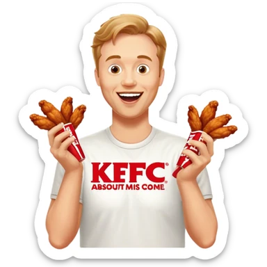 "Create an emoji of a white man holding KFC chicken wings with a happy and excited expression. Make sure to add the text 'KFC ABSOLUTE CINEMA ✋😮🤚' in large, bold letters, covering the entire screen and standing out clearly. This text must be included. Use a vibrant and expressive style." sticker