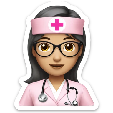 Asian girl (beige white skin tone) with circle silver glasses, hair bang and wavy long black hair , wearing a pink nurse uniform (scrub) with a stethoscope sticker
