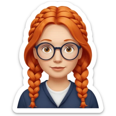middle-aged Norwegian woman with long wavy orange-red hair styled as a single braid on one side, wearing large round glasses, friendly look sticker