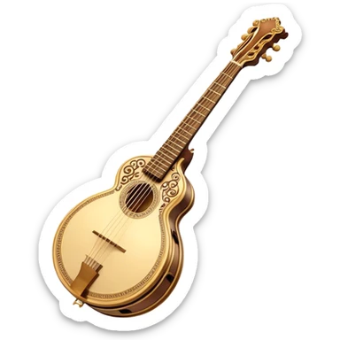 Bouzouki – Cinematic Realistic Bouzouki, depicted as a beautifully crafted Greek string instrument with a long neck and ornate fretwork, its polished wooden body reflecting warm golden light, set on a rustic background with soft shadows that evoke traditional Mediterranean music. sticker
