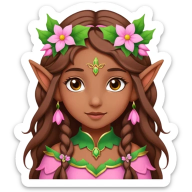 brown long haired girl elf in pink with a flower sticker