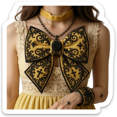Add more gothic details such as ornate filigree, small black roses, and subtle cross motifs to the pastel yellow gothic bow and matching bracelet. Keep lace and velvet details. Photorealistic style. Keep background transparent if possible. sticker