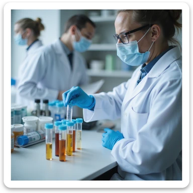 realistic doctor labeling test tubes with fecal samples for parasitological analysis, organized laboratory sticker