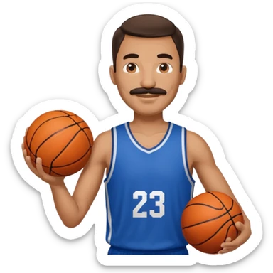 bold man basketball player blue jersey with mustache holding basket ball sticker