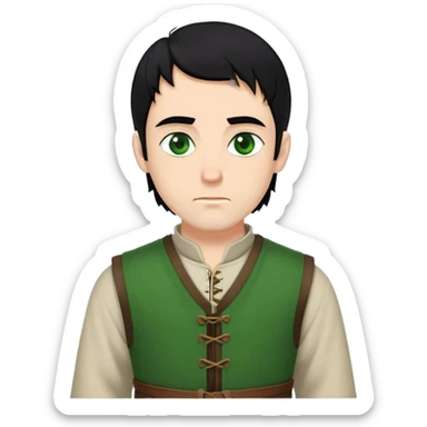 medieval outfit worn by a DnD themed fantasy character. basic rough-spun tunic with a thick wool vest. clothes only above the waist. The clothes full waist. The character's haven't arms. character is black hair green eyes short wavy hair white man. sticker