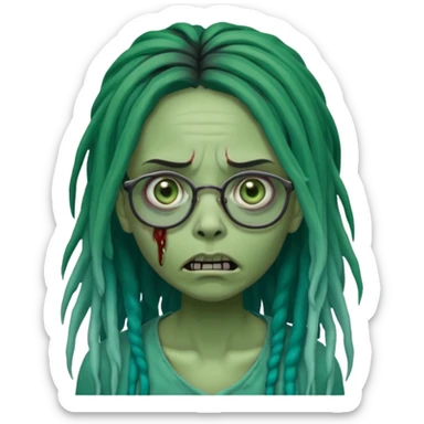 One female green-skinned, zombie with glasses, with ombre black & teal long dreadlocks and a worried expression with a small wound near its mouth. sticker