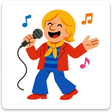 cheerful cartoon character inspired by French singer Dave, holding microphone and singing, musical notes around, vibrant playful style sticker