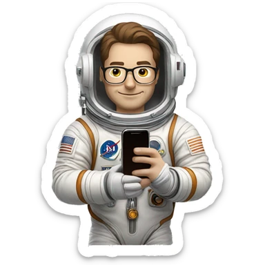 Man in glasses and an astronaut suit holding a phone. His suit has a Bitcoin symbol on the chest. He has short brown hair and a friendly expression sticker