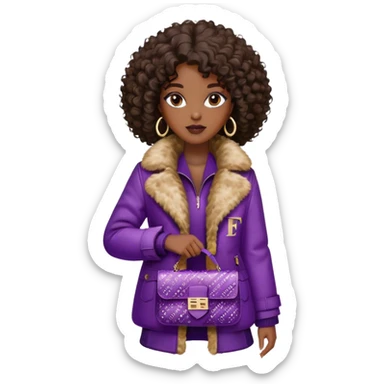 Beautiful black woman with curly hair. She is wearing a brown monogram Fendi jacket with a fur trim. She is carrying a Fendi Baguette
Purple sequined bag. I want the image close up. The jacket is not purple.  sticker