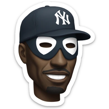 black man in mf doom mask and new york yankee hat on sticker