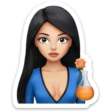 Glamours, tanned, very beautiful girl, with big pump peach-beige-rose lips, eyeliner, long lashes, black straight smooth silky long hair, straight parting hair, blue-grey eyes in black v-neck bodysuit sticker