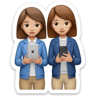 two brown haired girls, looking professional maybe leaned on each others back and looking forward and using phones, with longer hair and with some cute clothes without ties, one girl can hold lap top another one can hold the phone sticker