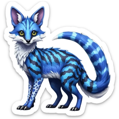 Feral Rare Fantasy scaled scaly evil spooky vibrant dark shady shaded detailed deep-dark-cobalt-blue-gradients-colored colorful Vernid-Sergal-Genet-Trico-Fox-species by LiLaiRa, with dark-blackish points, white belly, random markings, tufted tail, tufted ears, full body sticker