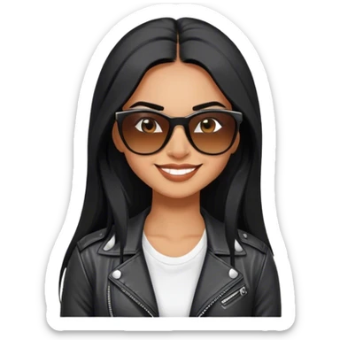 beautiful fit woman, with long straight black hair, with make up, black eye liner, smile mooth close, mexican, brown skin, wearing white tee, wearing leather black jacket, solar wayfarer on the tip of the nose, flirting sticker