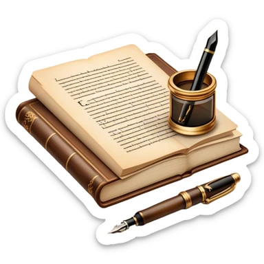 Create a vibrant emoji representing prose writing. The design should feature an open book with pages showing unfinished prose, a classic fountain pen or quill with black or dark blue ink, and an antique inkwell next to it. The pages should have visible lines of text, but some should remain unfinished, symbolizing the creative process. Use warm, earthy tones like brown, gold, and cream for the book and background, with the ink and pen in black or dark blue. The emoji should convey the idea of storytelling, creativity, and the unfinished nature of literary work. Make the background transparent. sticker