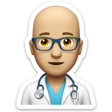 bald man with scruff and glasses and blue eyes and yellow stethoscope  sticker
